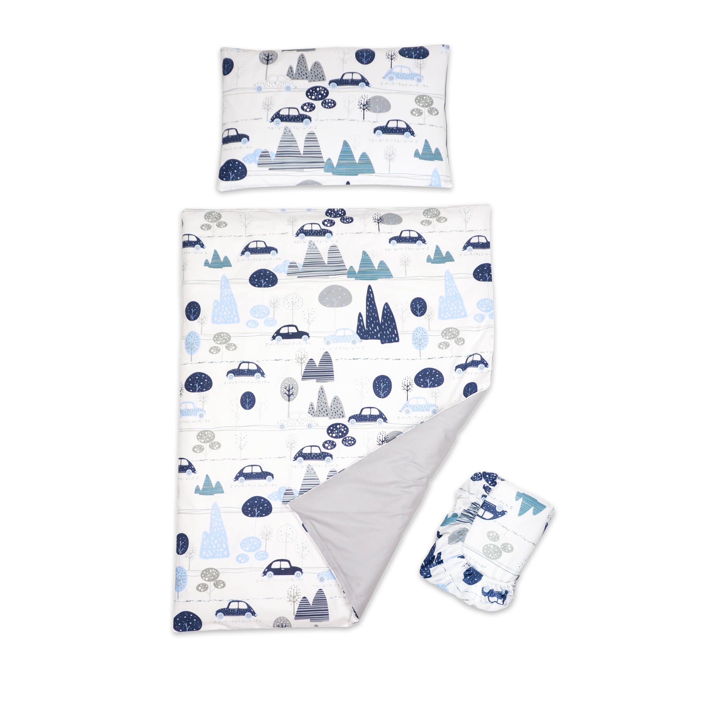 3 piece set Duvet Cover Pillowcase and Fitted Sheet for 120x60 cm Baby Cot Bed 12M+ (Cars)