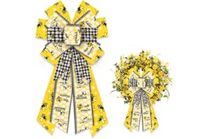 Estivaux Large Bumble Bee Bows for Wreath, Happy Bee Wreath Bows Yellow Burlap Bows White Black Buffalo Plaid Bows Spring Holiday Tree Topper Bows for Front Door Spring Birthday Farmhouse Decorations
