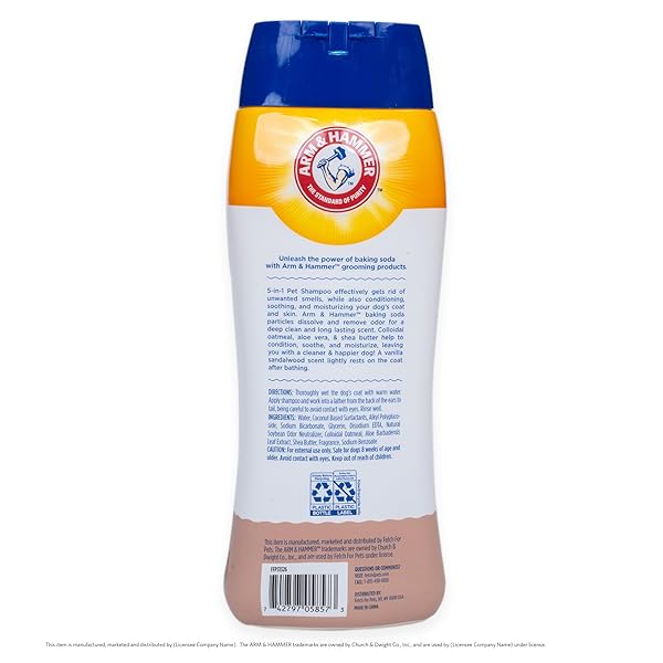 ARM & HAMMER FOR PETS 5-IN-1 DOG SHAMPOO WITH CONDITIONER, DEODORIZING OATMEAL DOG SHAMPOO WITH ALOE, SHEA BUTTER, BAKING SODA AND COAT CARE, VANILLA SANDALWOOD SCENT, 20 FL OZ