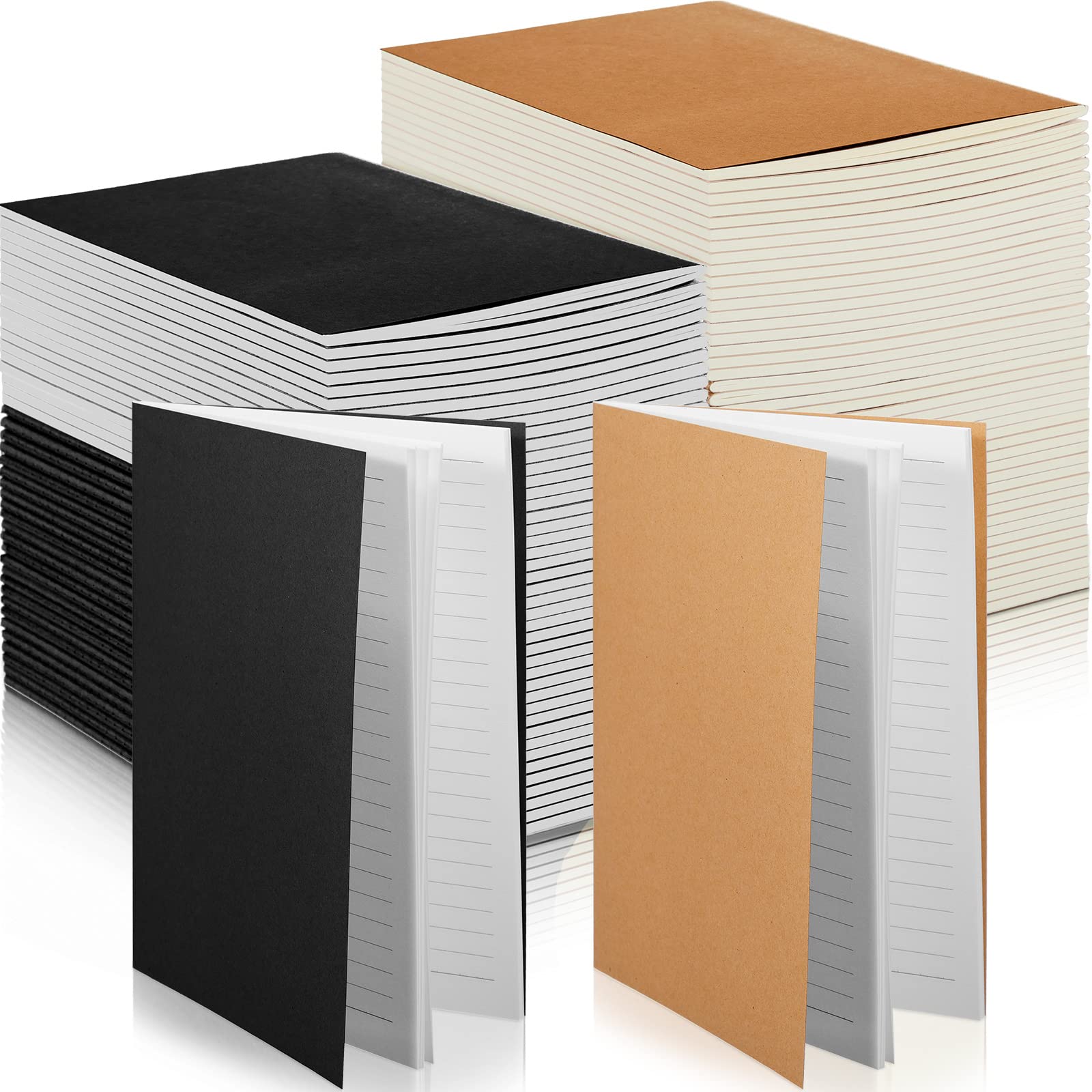 Photo 1 of 150 Pack Kraft Notebook Journals 5.82 Inch x 4.13 Inch A6 Journal Softcover Notebooks Bulk for Kids Student Writing Sketch Travel Journal Office Notepad with 48 Pages 24 Sheets, Lined (Black, Brown)