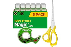 The Mega Deals Magic Tape 6 Packs Clear Tape, Magic Tape with Dispensers, Invisible Tape ¾ x 300 Inches, and a 8 Inch All Purpose Scissors (Gift Pack)