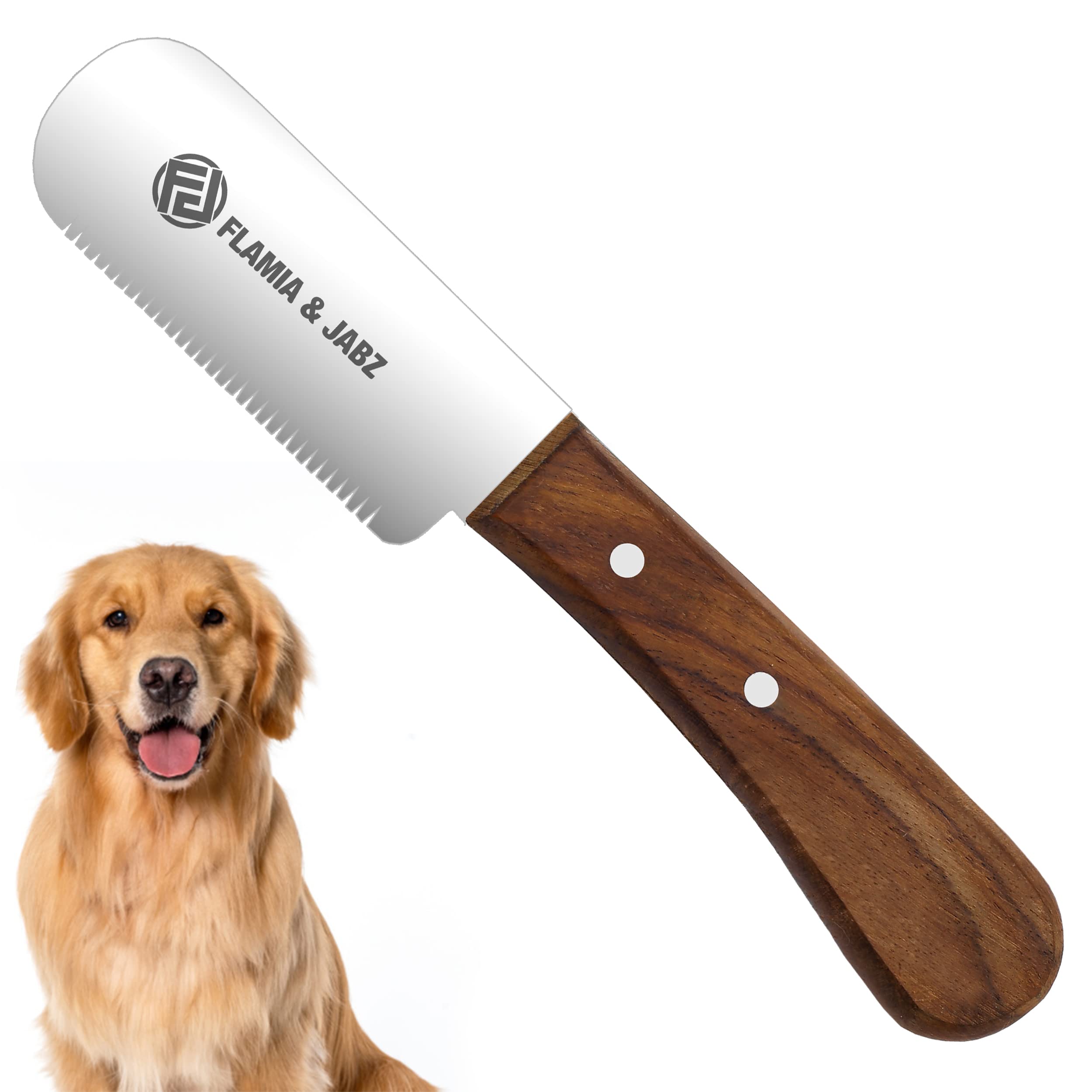 FLAMIA & JABZ Professional Dog Grooming Hand Stripping Knife, Stripper Trimmer Tool, Red Meranti Wooded Handle Non Slip Grip with Tripping Stainless Steel Blade (Medium, Right Handed)