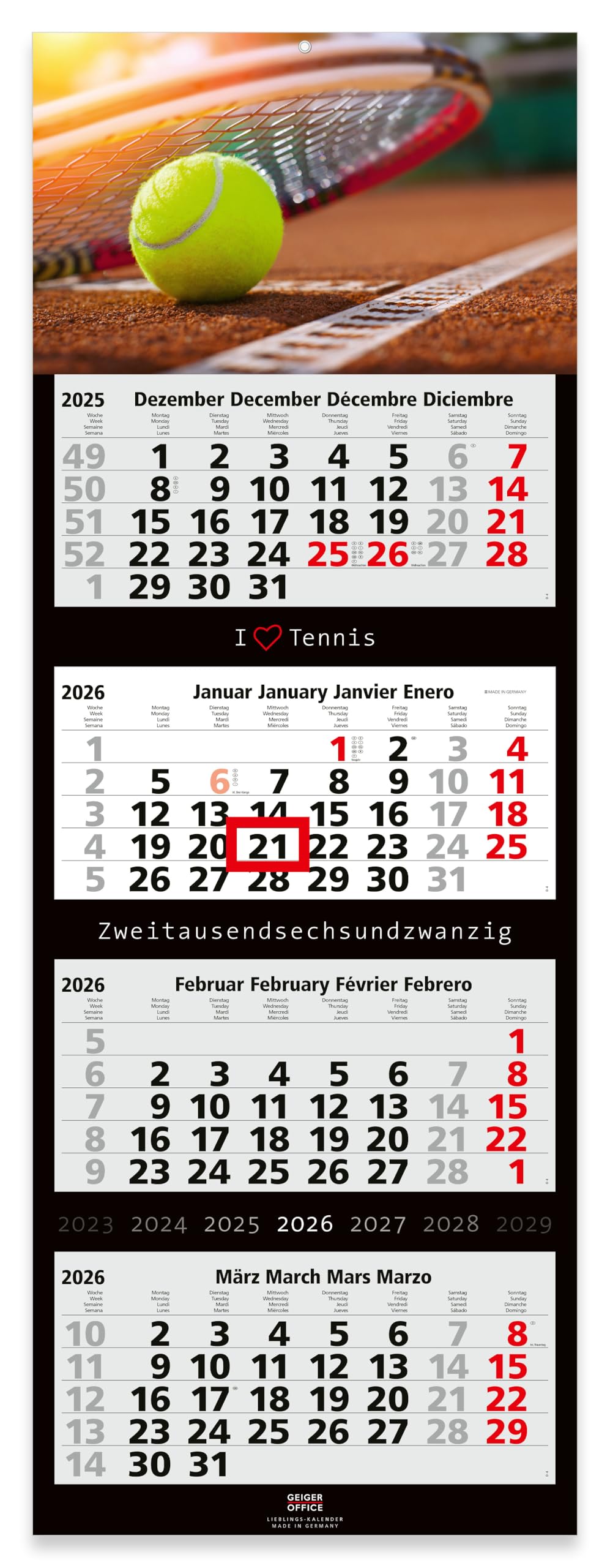 Geiger-Office 4-Month Wall Calendar 2023 Large Format 33 x 90 cm with Attractive Tennis Image Motif
