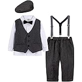 A&J DESIGN 5pcs Baby Boys Suit, 12 Months - 3T, Shirt & Pants & Vest & Hat & Bow Tie