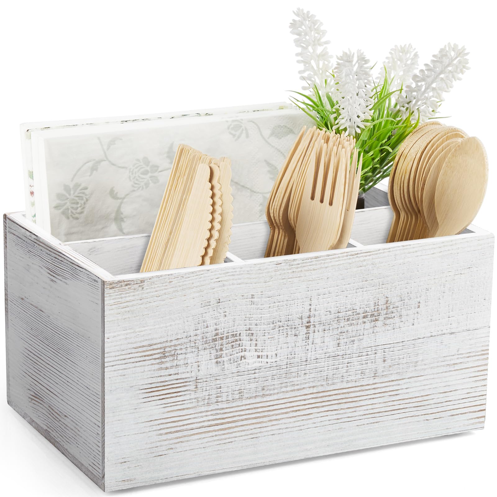Photo 1 of DRASTAR Silverware Caddy, Wooden Utensil Organizer, Picnic Cutlery Holder,Retro White Silverware Caddy for Party, Countertop, Camping