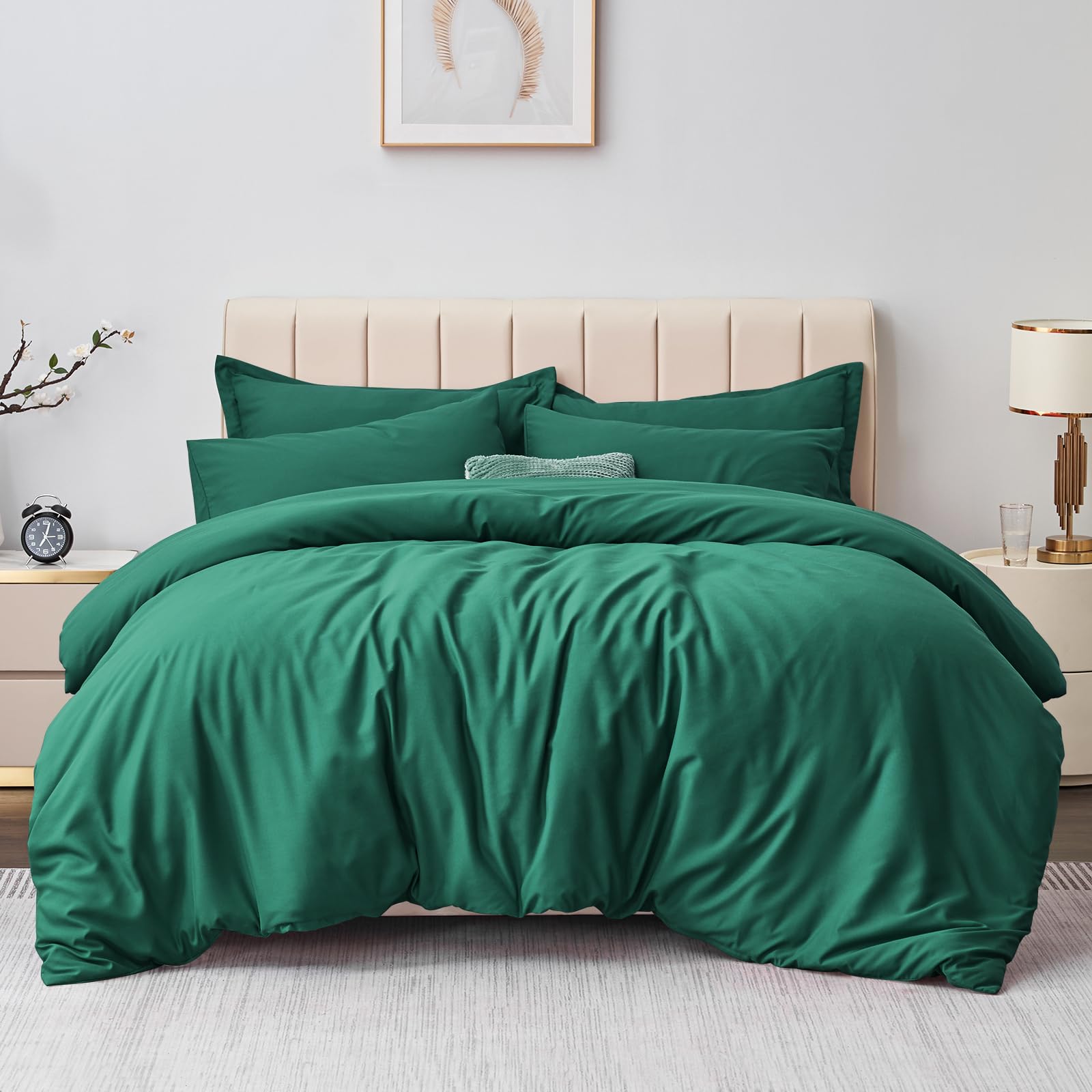 Aisbo Double Duvet Covers Set Green - 3Pcs Bedding Set Double Bed Soft Brushed Microfiber Quilt Cover with 2 Pillowcases