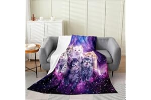 Feelyou Pet Cats Fleece Throw Blanket,All Season Cat Purple Galaxy Bed Blanket Cute Kitten Print Fuzzy Blanket for Bed Sofa Couch,Bedroom Decor Plush Blanket 3D Animal Theme Queen 90"x90"