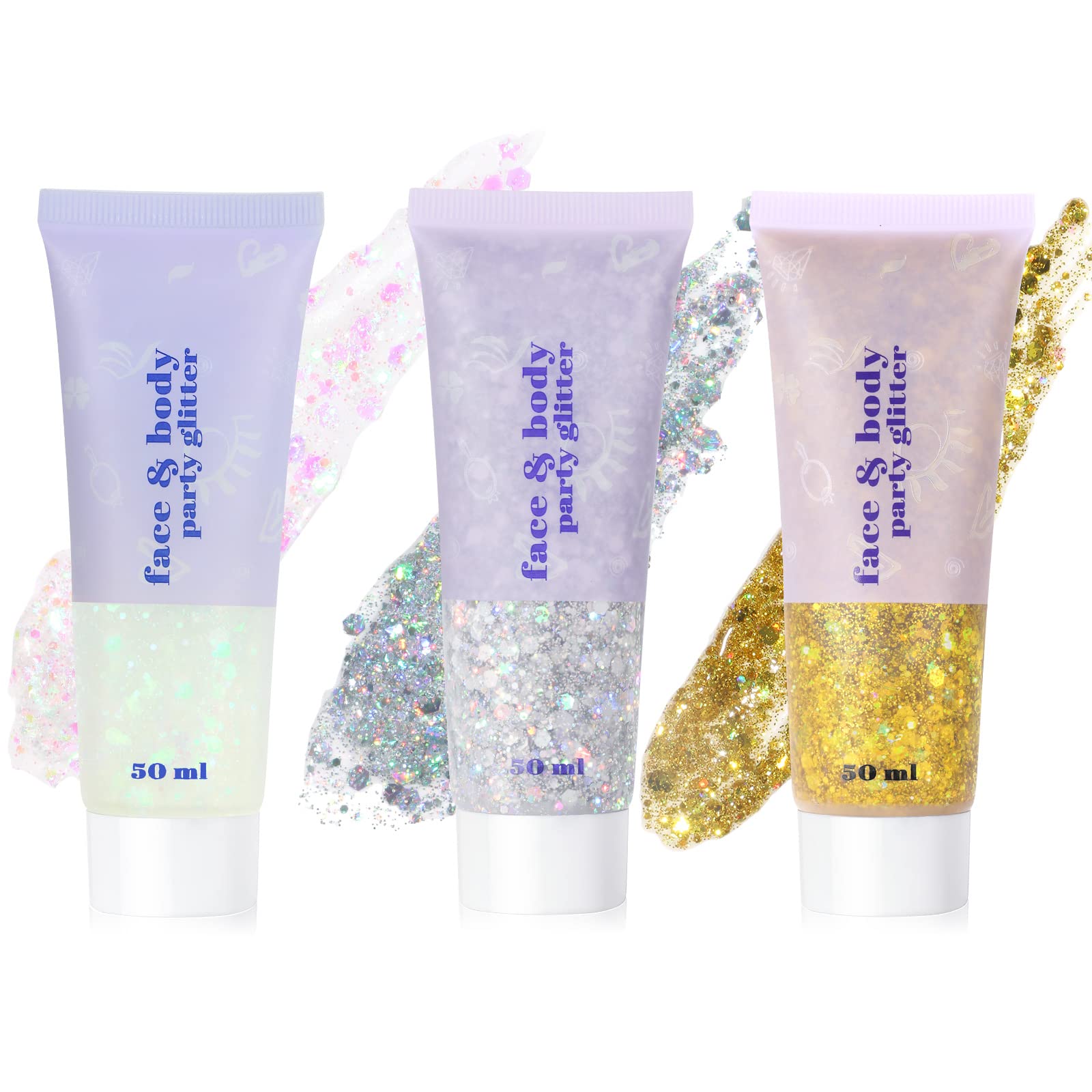 URAQT Body Glitter Gel, 3Pcs 50ml Holographic Mermaid Sequins Chunky Cosmetic Face and, Sparkling Festival Party Lotion for Eye Hair Nail DIY Art (B), White ＆ Silver Gold