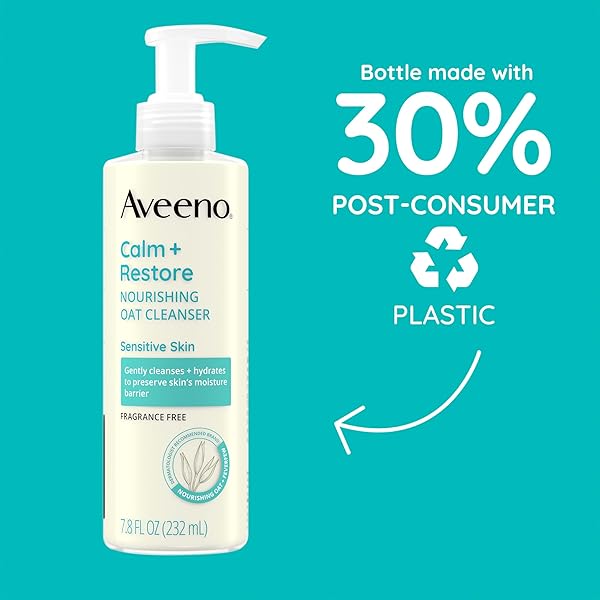 AVEENO CALM + RESTORE FACIAL CLEANSER FOR SENSITIVE SKIN, HYDRATING GENTLE MILKY FACE CLEANSER WITH NOURISHING OAT AND FEVERFEW, HYPOALLERGENIC FORMULA, FRAGRANCE FREE, 7.8 FL OZ