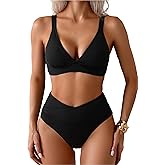 Memashore Sexy Ribbed Bikini Set 2 Piece Womens High Waisted V-Cut Cheeky High Leg Tummy Control Longline Swimsuit