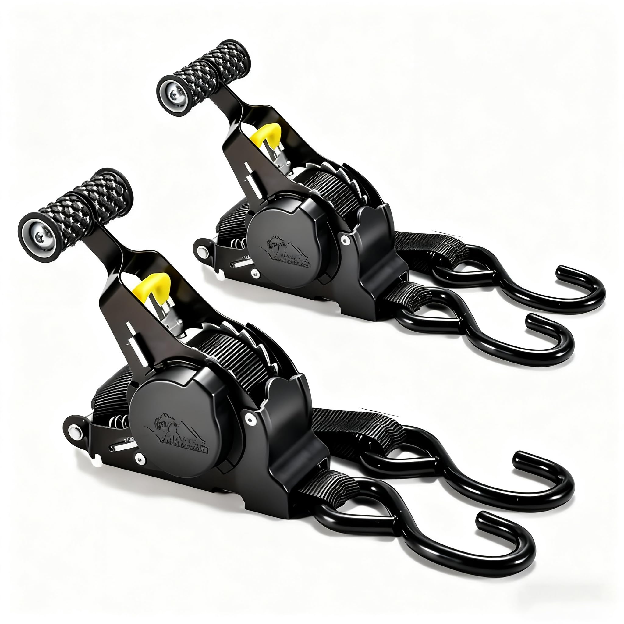 Retractable Ratchet Straps - Self-Retracting Tie Down Straps, 10 ft and 1500 lbs Tensile Strength, Heavy Duty Stainless Steel S-Hooks, for Securing Cargo, Trucks, Motorcycles, Boats (2 Packs)
