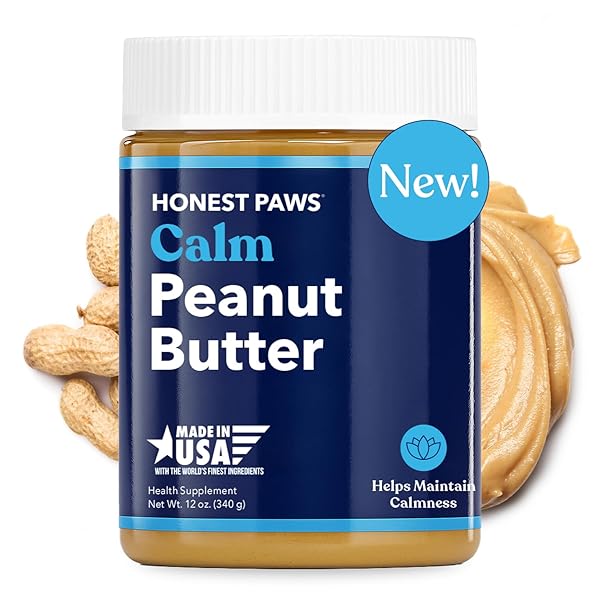 HONEST PAWS CALMING PEANUT BUTTER FOR DOGS – DOG SUPPLEMENT WITH ASHWAGANDHA, VALERIAN ROOT & L-TRYPTOPHAN – SUPPORTS RELAXATION & BALANCED BEHAVIOR – MADE IN USA – 12 OZ