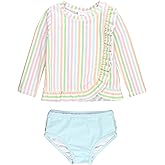 RuffleButts Baby/Toddler Girls Ruffled Long Sleeve Rash Guard 2-Piece UPF50+ Sun Protected Swimsuit