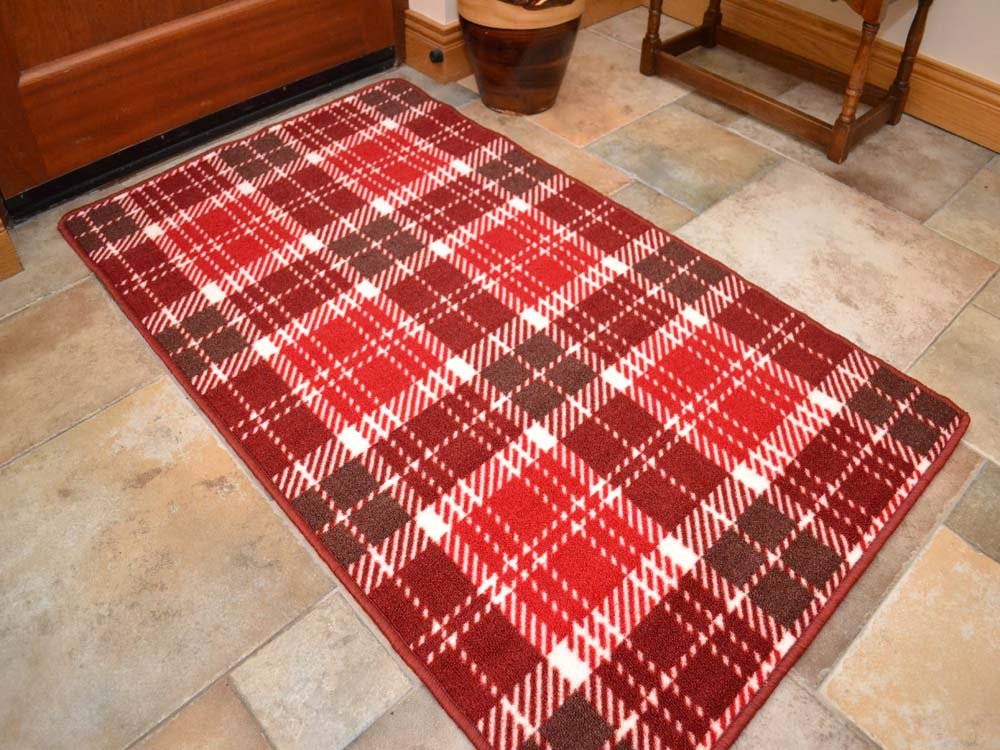 Riviera Red Tartan Non Slip Machine Washable Rug. Available in 7 Sizes