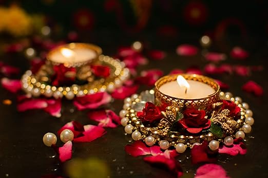 DEVU PARBAT Tea Light Candle Holder and Diwali Decoration Items Traditional Designer Golden Diya with Red Flowers for Home décor Set of 8