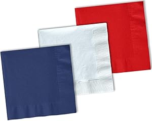 150 Beverage Napkins, Navy blue, Bright White, Red - 50 Each Color. 2 Ply Paper Cocktail Napkins. 5