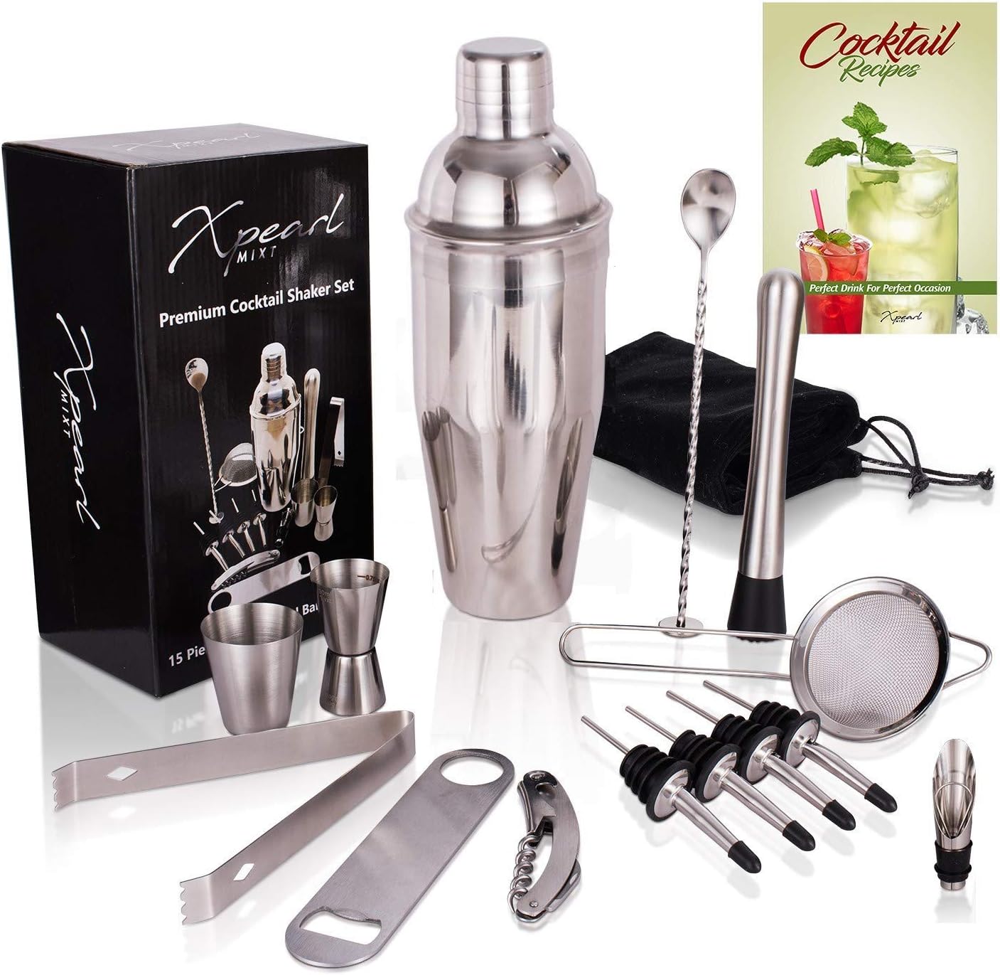 Cocktail Shaker Set Bartender Kit - All Your Essential 15 Pcs Bar Accessories like Martini Shaker, Jigger, Drink Mixer, Muddler, Cocktail Strainer | Come with Bonus Velvet Bag & eBook