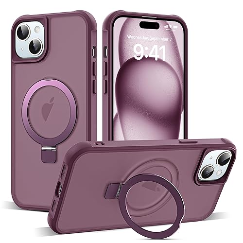 SKYLMW Compatible with iPhone 15 Case with Invisible Magnetic O-Ring Stand Military-Grade Translucent Case for iPhone 15 6.1" [Compatible with Mag-Safe][Great Grip Feeling], Wine Red
