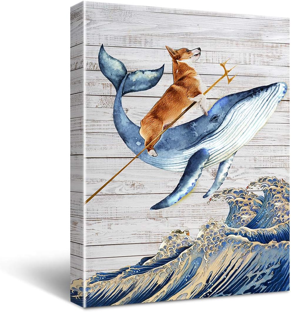 HIjie Vintage Funny Aquadog Bathroom Canvas Wall Art Decoration, Funny Sea Theme Bathroom Wall Decor for Dining Room Navy Seascape Nautical Wall Decor 11.5'' X 15''