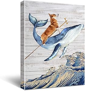 HIjie Vintage Funny Aquadog Bathroom Canvas Wall Art Decoration, Funny Sea Theme Bathroom Wall Decor for Dining Room Navy Seascape Nautical Wall Decor 11.5'' X 15''