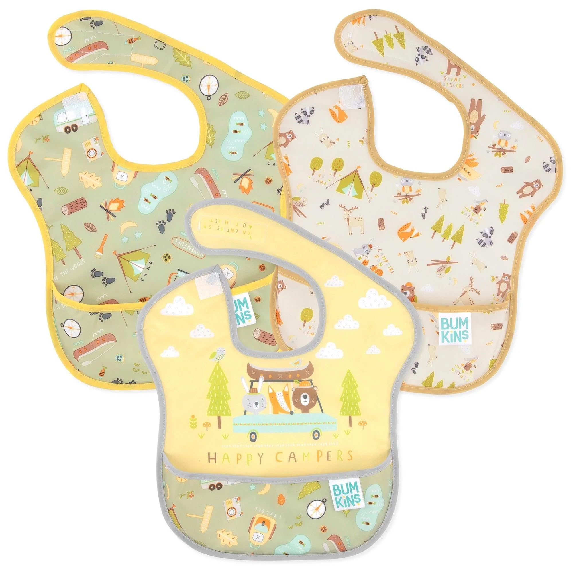 Bumkins SuperBib, Adjustable Hook & Loop Closure, Catch-All Pocket, Baby-Led Weaning, Waterproof, Machine Washable, Stain & Odour Resistant, BPA Free, 6-24 Months, 3-Pack, Happy Campers Design