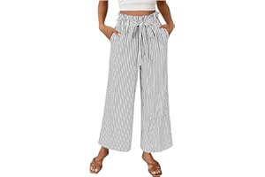 Women Striped Wide Leg Pants Drawstring Elastic High Waist Pants Casual Beach Trousers with Pockets