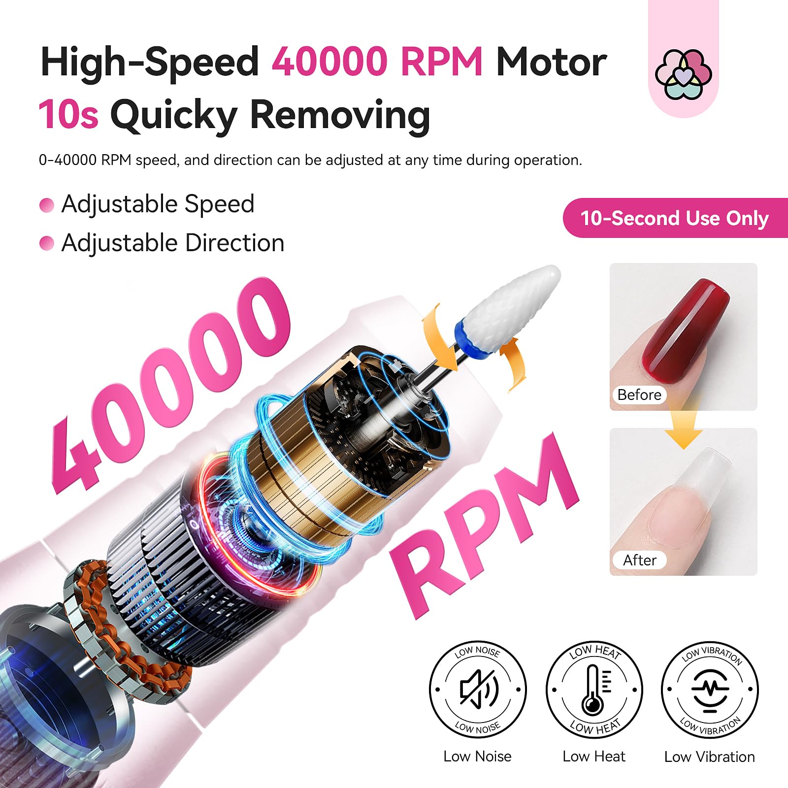 SAVILAND Professional Nail Drill 40000 RPM: Portable Diamond Nail Drill Kit Rechargeable 4000 mAh Electric Nail File for Thick Acrylic Nails with Ceramic Nail D rill Bits Sanding Bands Nail Tech Salon - Image 3