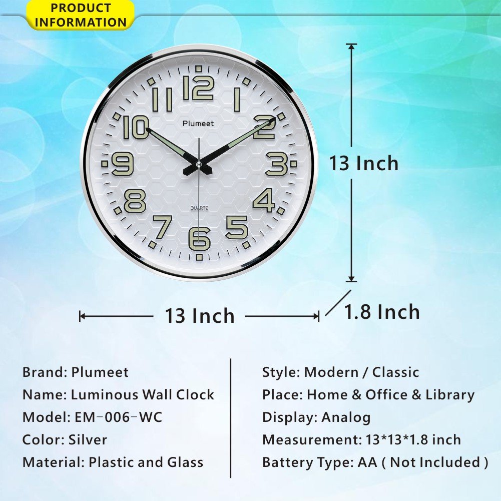 Plumeet Night Light Wall Clocks, 13 Inches Clock with Silent Non