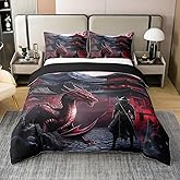 Feelyou Dragon Duvet Cover 100% Cotton Queen Size Samurai Comforter Cover Set Japanese Style 3D Dragon Theme Anime Ancient Wildlife Bedding Set Red Bedspread Cover Room Decor Quilt Cover,No Comforter