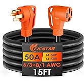 15FT 50 Amp RV Extension Cord Outdoor with Grip Handle,125/250V,12500W, 4 Prong, Heavy Duty 6/3+8/1 Gauge STW, NEMA 14-50P to
