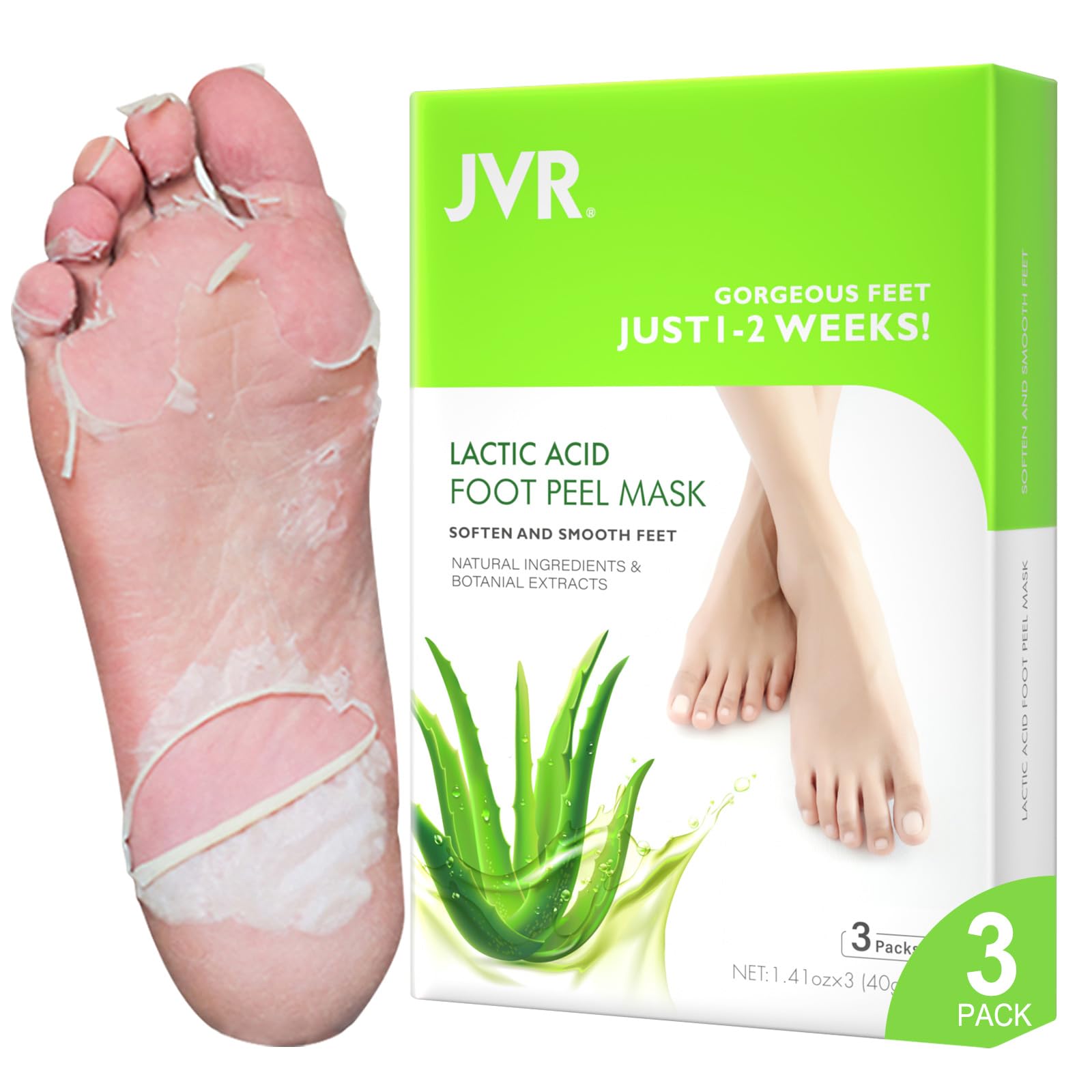 Foot Peel Mask, 3 Pack JVR Feet Exfoliating Mask, Moisturizing Socks, Footskin Care for Callus, Restoring Cracked Heel Dead, Dry, Hard Skin, Baby Soft Smooth Touch (Aloe) — image 1