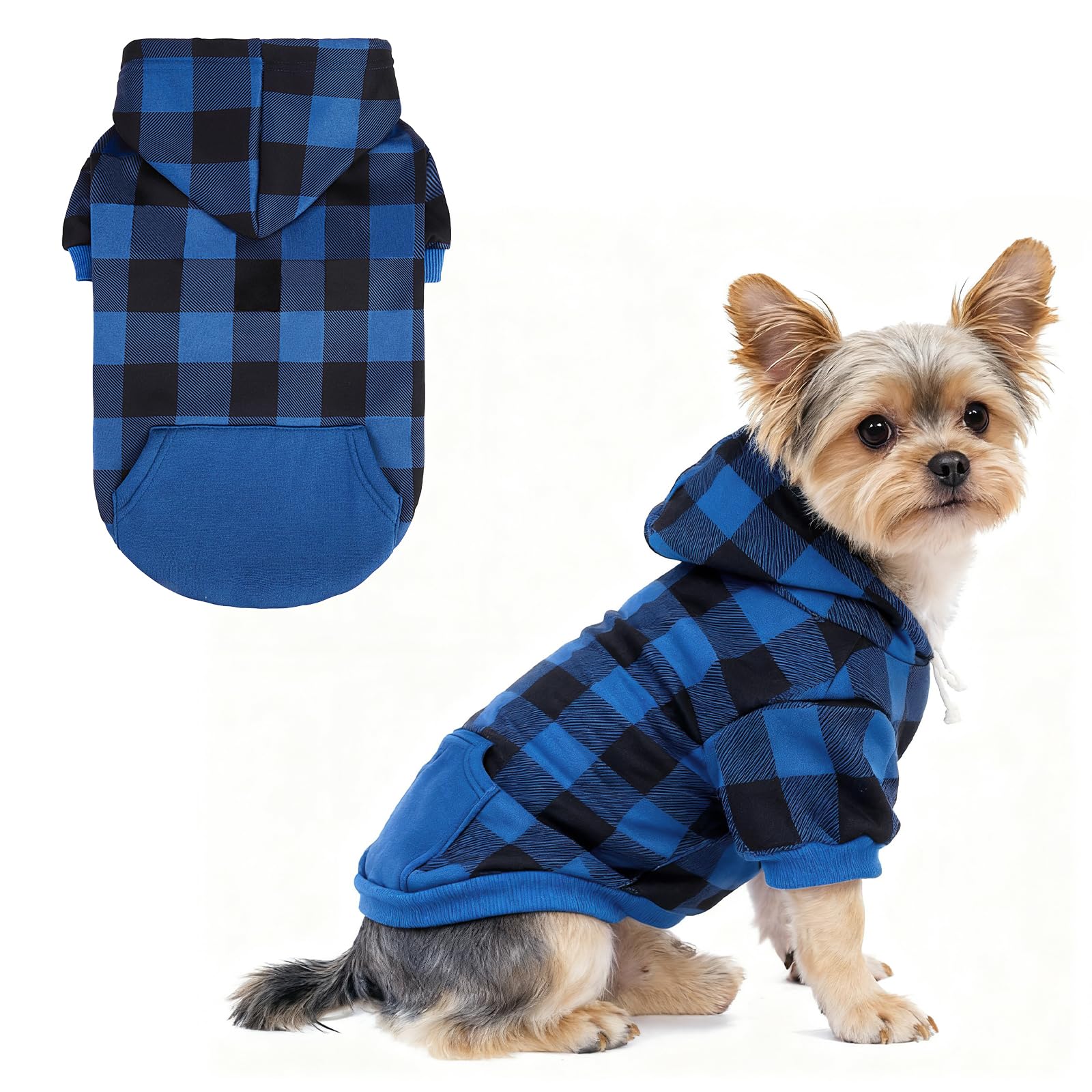 KOOLTAIL Plaid Dog Hoodie Jumper with Hat and Pocket, Soft Winter Warm Coat - Small/Medium/Large Sizes, Fleece Dog Sweatshirt, Blue — image 1