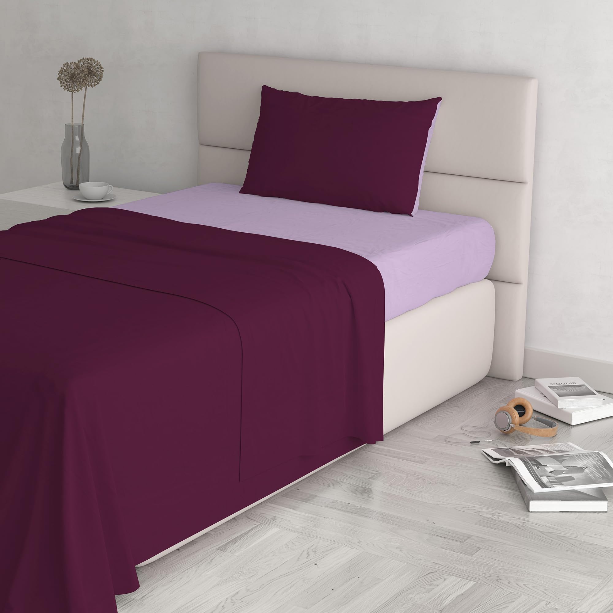 Italian Bed Linen Natural Color Bed Set (Flat 150x300, Fitted Sheet 90x200cm+Pillowcase 52x82cm), Petrol Bottle Green, 100% Cotton, lillac/Plum, SINGLE