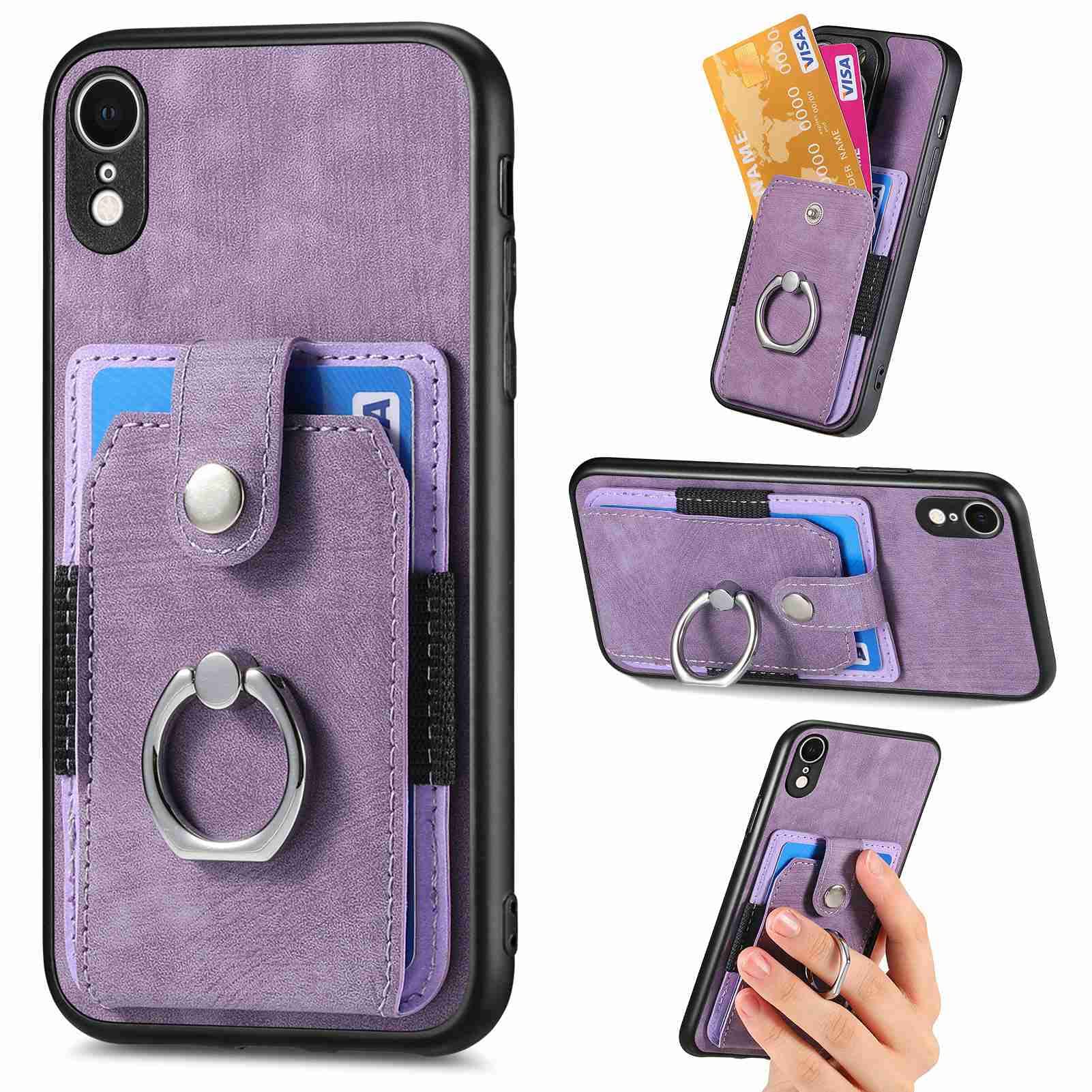 iPhone XR Case iPhone XR Phone Case Wallet Shockproof Bumper with Ring Holder Card Slots PU Leather Cover Car Mount Kickstand Anti-Drop Shell for iPhone XR, Purple