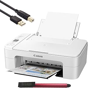 Canon PIXMA TS Series Wireless All-in-One Color Inkjet Printer, White - 3 in 1 Print, Scan, Copy - up to 4800 x 1200 Resolution, 1.5 Segment LCD Display - BROAGE 64GB Flash Drive + 5FT Printer Cable