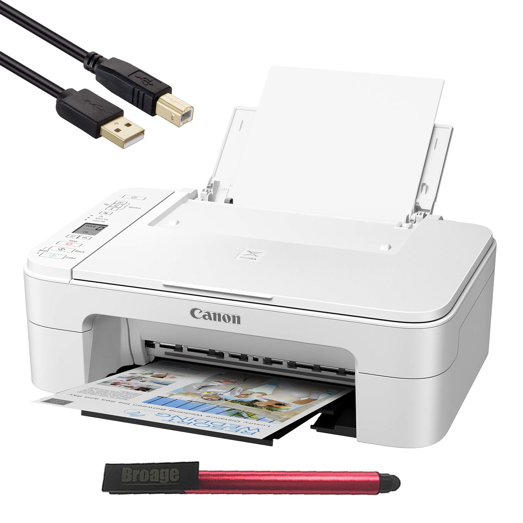 Canon PIXMA TS Series Wireless All-in-One Color Inkjet Printer, White - 3 in 1 Print, Scan, Copy - up to 4800 x 1200 Resolution, 1.5 Segment LCD Display - BROAGE 64GB Flash Drive + 5FT Printer Cable