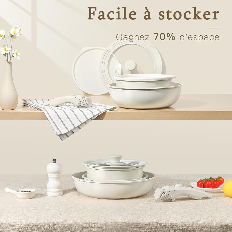 15 PCS Batterie Cuisine en CéRamique AntiadhéSive et Poignee Amovible