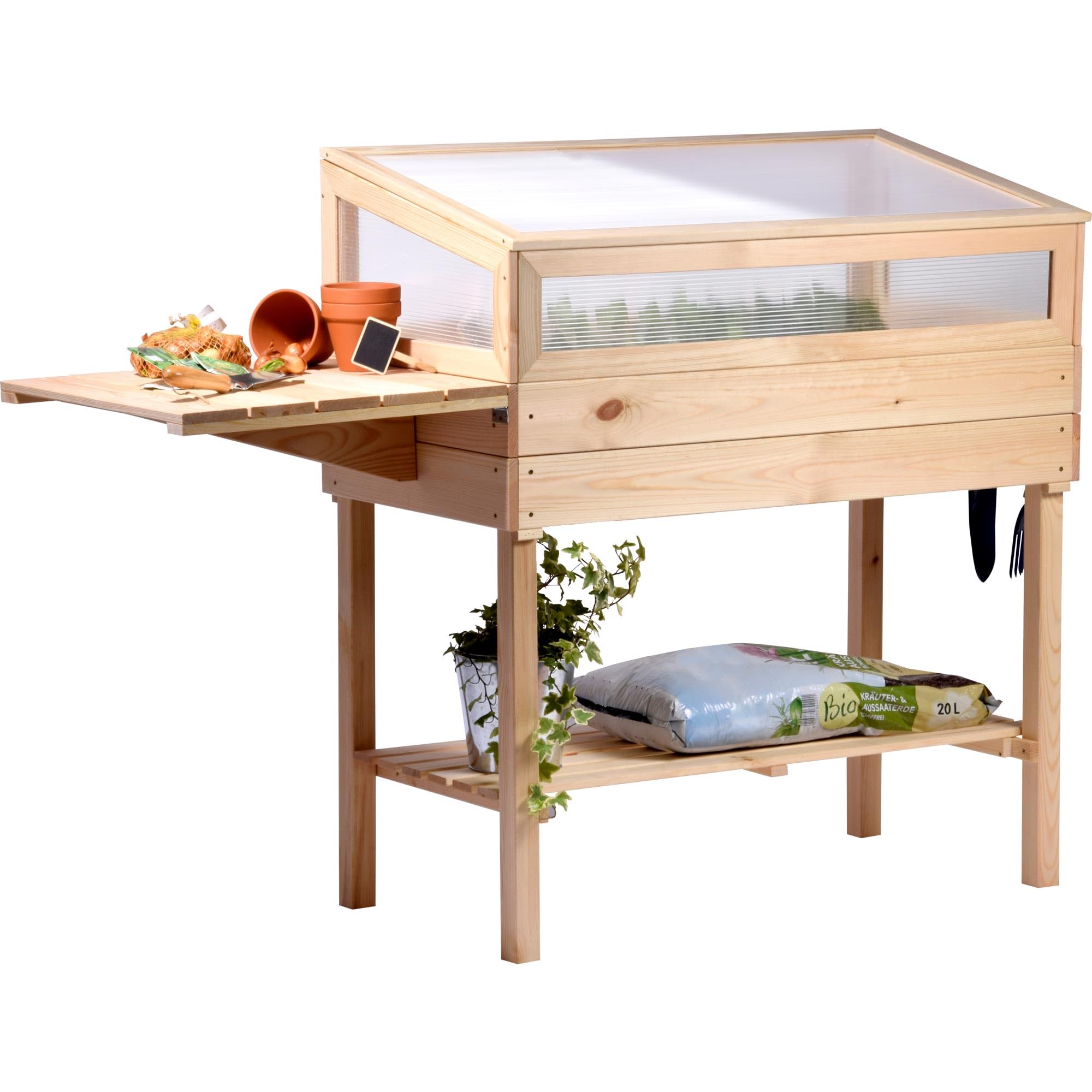 dobar® 58395e Raised Cold Frame Made of Solid Wood, Size L, Raised Bed with Cold Frame Attachment, Cold Frame with Shelf and Fold-Out Table, Planter with Greenhouse, 150 x 50 x 107 cm, Natural