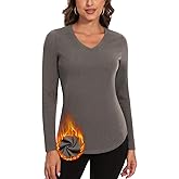 WOWENY Women's V Neck Long Sleeve Thermal Shirts Fleece Pullover Top Soft Base Layer Undershirts Basic Cold Weather