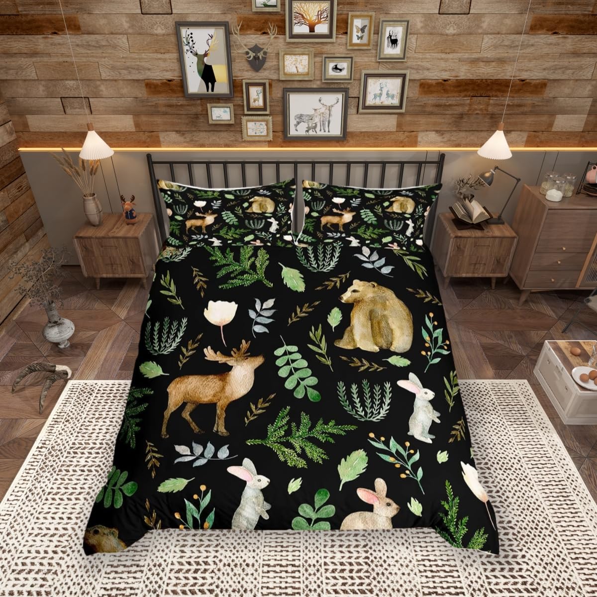 Watercolor Wild Animal Duvet Cover Set Double Size,Deer Bear and Rabbit Print Comforter Cover with 2 Pillowcases,White Flowers Green Leaves Plant Bedding Set for Girls Teens Present, Soft Microfiber — image 1