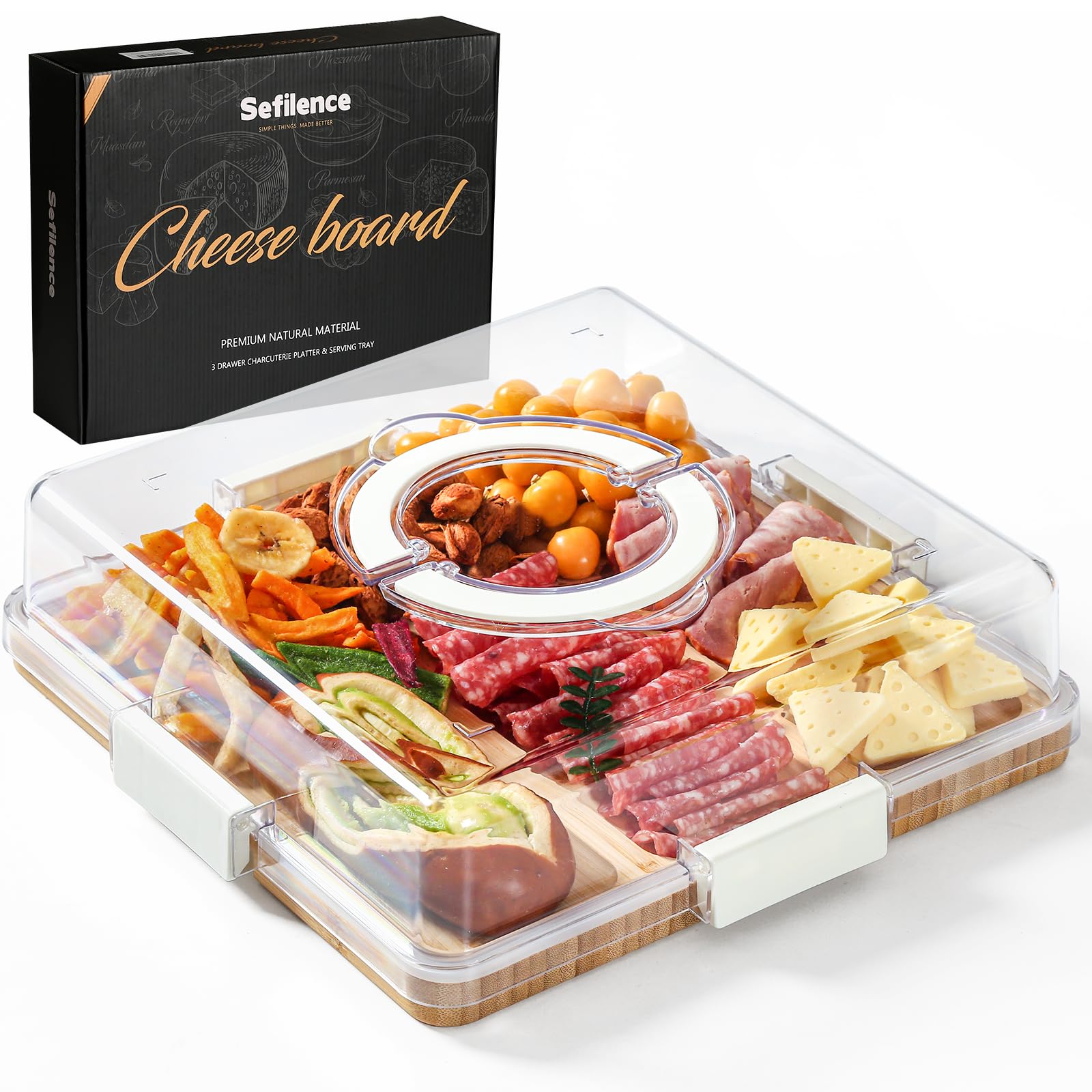 Photo 1 of ***MISSING CARRYING HANDLES -SELLING AS IS *** Charcuterie Board with Clear Locking Lid and Handle, 6 Compartment Bamboo Cheese Board Snackle Box, Portable Cutting Board for Snacks, Fruits&Meats, Ideal Gift for Parties, Birthday& House Warming