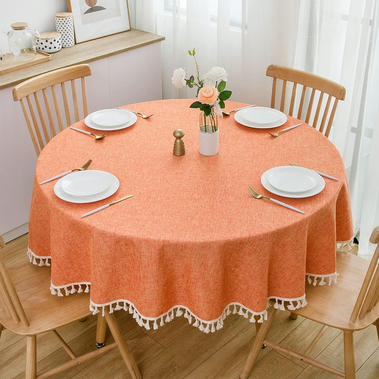 SPRICA Round Tablecloth, Cotton Linen Tassel Table Cover for Kitchen Dinner Table, Decorative Solid Color Table Desk Cover,Diameter 70