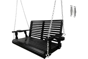 FORTUNE CANDY Wooden Porch Swing 2-Seater, Bench Swing with Cupholders, Hanging Chains and 7mm Springs, Heavy Duty 800 LBS, for Outdoor Patio Garden Yard, 4 ft., Black