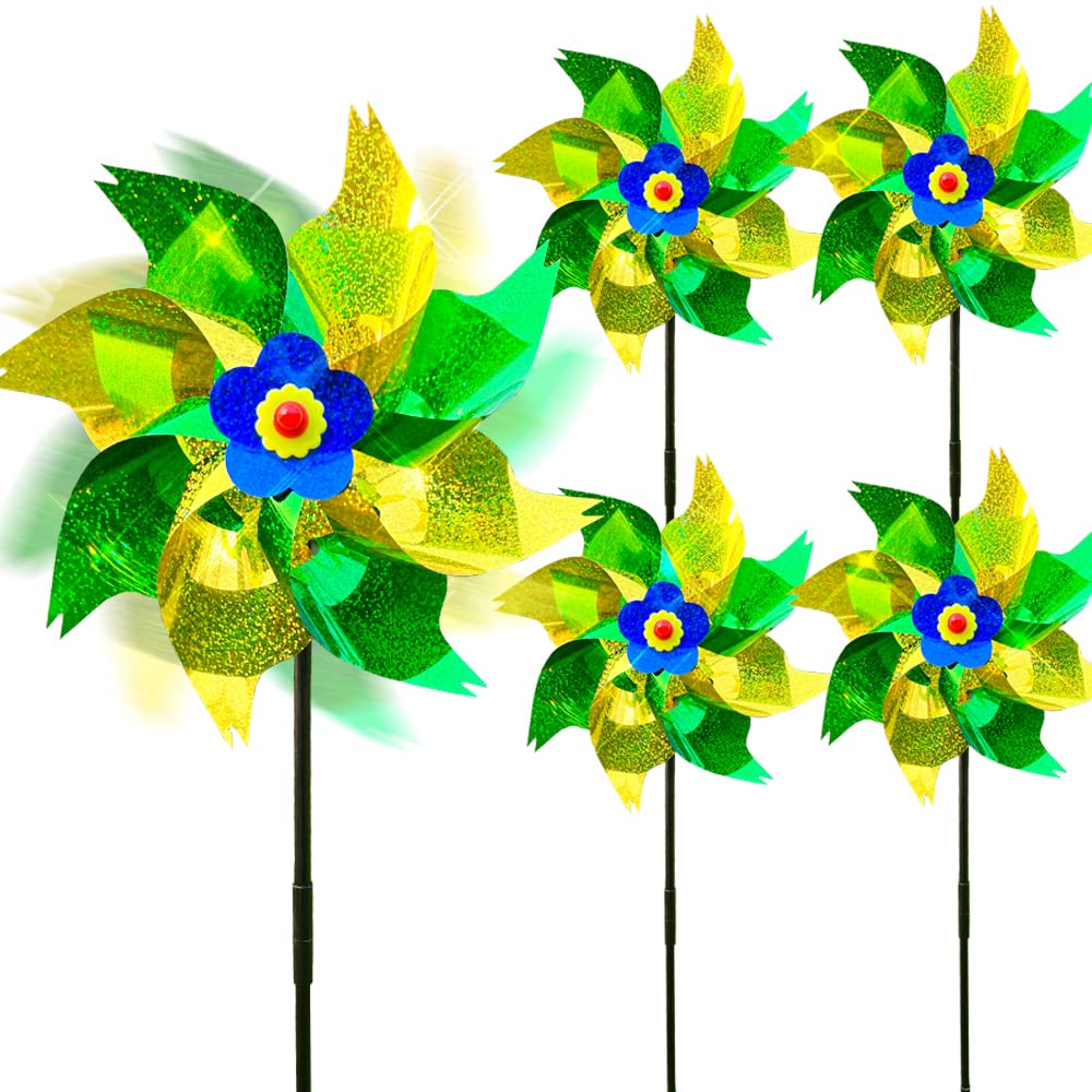 MUUGIY Reflective Bird Repellent Windmill,Sparkly Pinwheel, Reflective pigeon deterrent Spinner bird scarers Repellent PinWheels,Keep Birds Away From Lawn,Garden,orchard,Farm (5PCS-golden green)