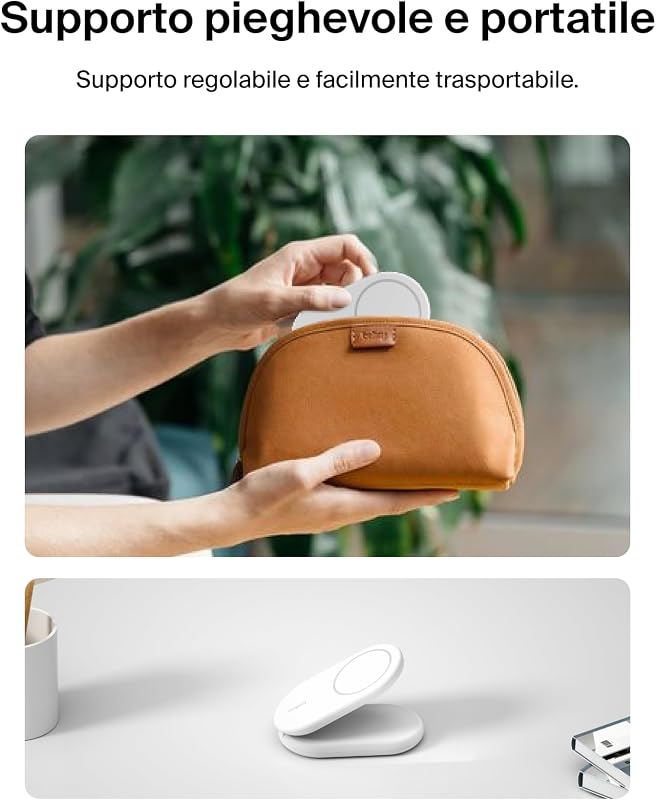 BoostCharge Caricabatteria magnetico pieghevole 2 in 1 con Qi2 15W, Caricatore wireless compatibile con MagSafe, ricarica rapida per Apple iPhone 17, Air, Pixelsnap, alimentatore - Bianco
