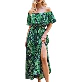CUPSHE Womens Ruffle Floral Maxi Summer Dress Off Shoulder Beach Dress | Tube neck Short sleeve, Backless Flounce bodice, Elastic waist Side slit Hem, Casual Vacation Wedding Guest Resort Wear