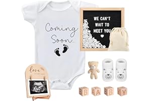 SYTUHETE 9 Pcs Pregnancy Announcements Set, Include Felt Letter Board Baby Bodysuit Shoes and Wooden Sign Surprise Announcement for Grandparents Partner Gift Family Reveal(Grey Coming soon-white shoe)
