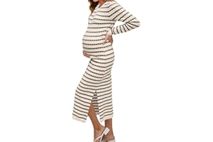 OUGES Womens 2025 Fall Maternity Dress Long Sleeve Crewneck Side Slit Midi Dress Bodycon Knit Sweater Dress