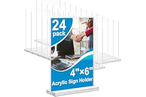 dulvus Acrylic Sign Holder 4x6 Inches 24 Pack, Double Sided Clear Display Stand Table Top Sign Paper Holder, Vertical Menu Flyer Holder, Plastic Sign Frame for Stores, Restaurants, Hotels, Office