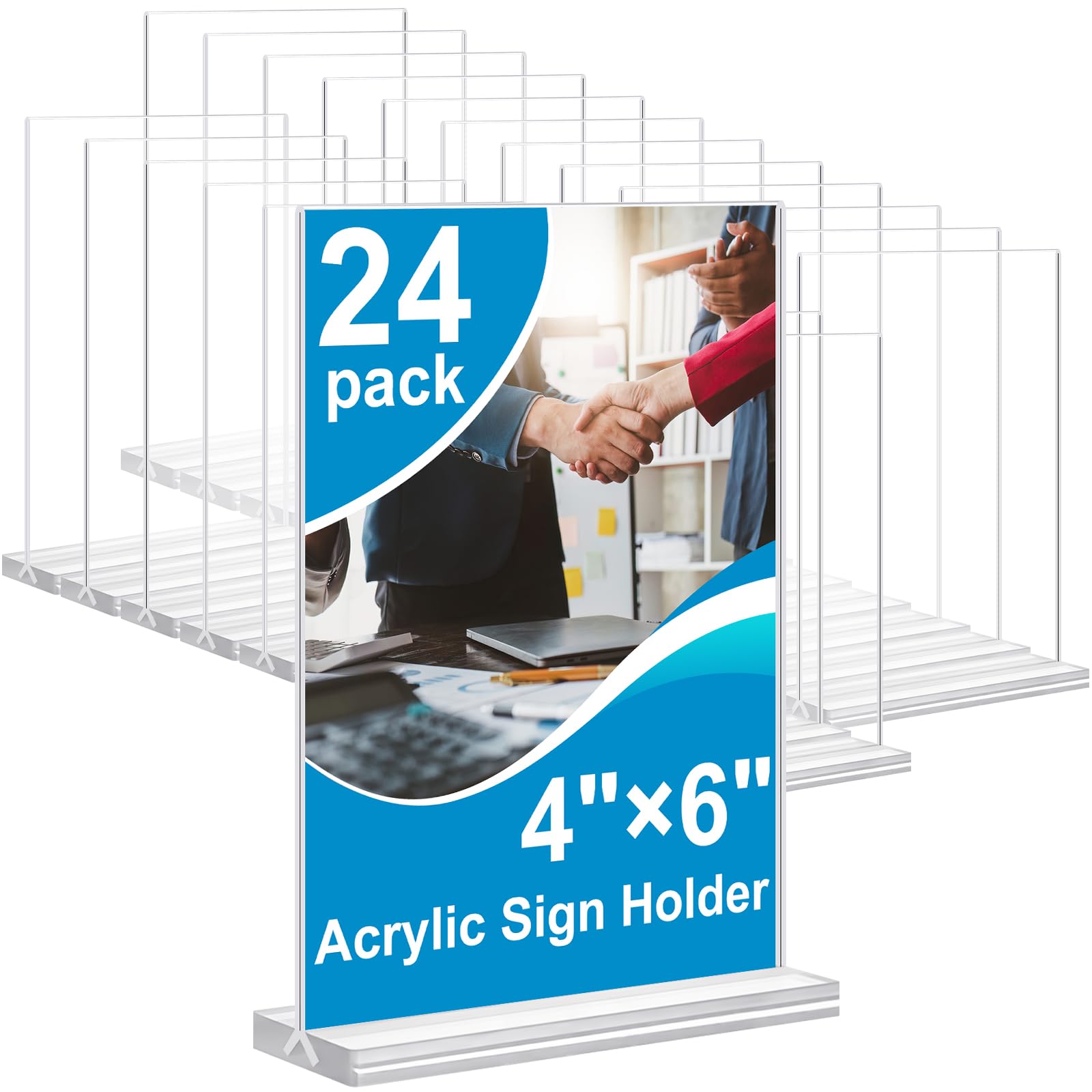Photo 1 of Acrylic Sign Holder 4x6 Inches 24 Pack, Double Sided Clear Display Stand Table Top Sign Paper Holder, Vertical Menu Flyer Holder, Plastic Sign Frame for Stores, Restaurants, Hotels, Office